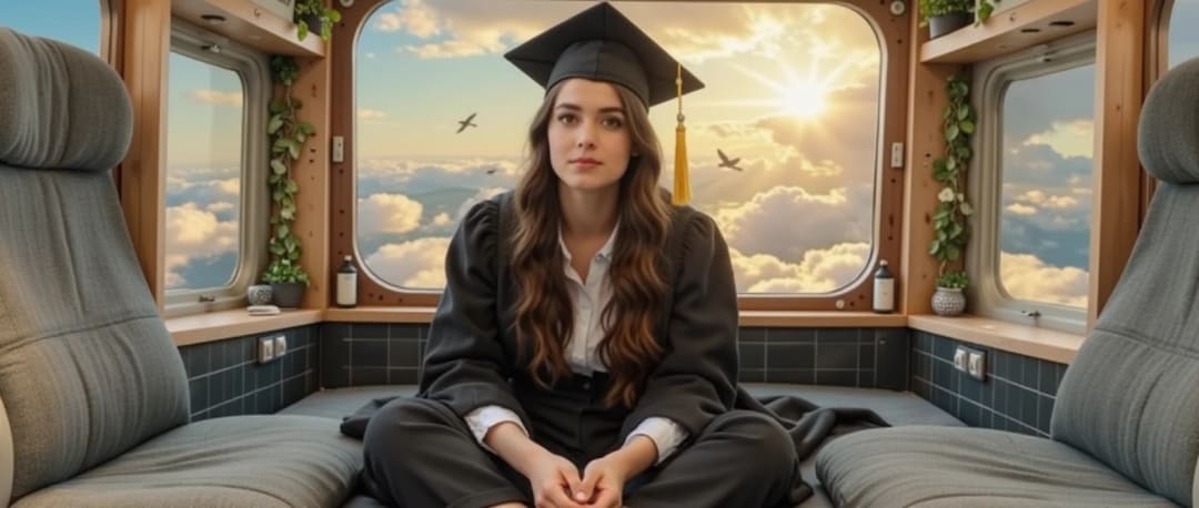 A student in a graduation gown and cap, sitting beside an aircraft window with clouds outside.